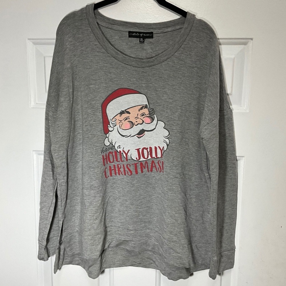 State of Mine Holly Jolly Christmas Santa Sweatshirt XL Gray Graphic Top